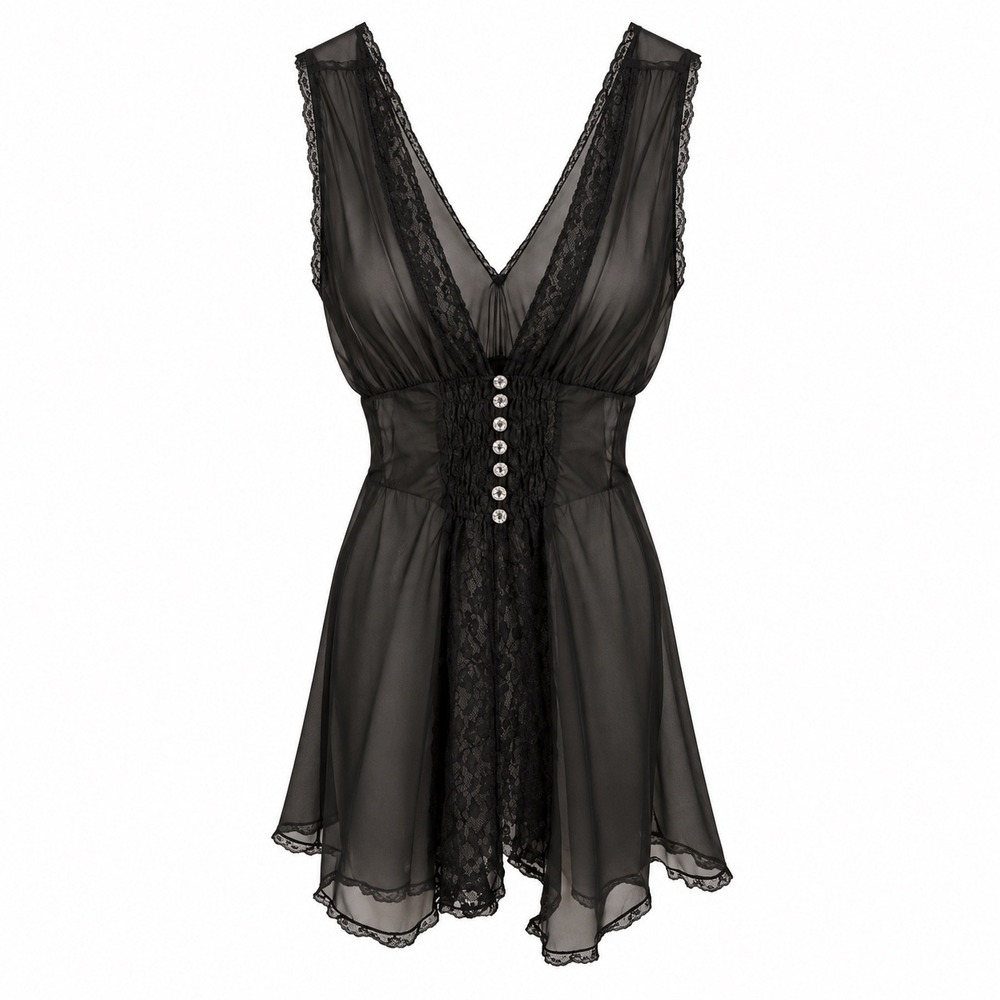 Vintage Black Sheer Mesh Lace Babydoll Top Crystal Button Smocked Waist Goth